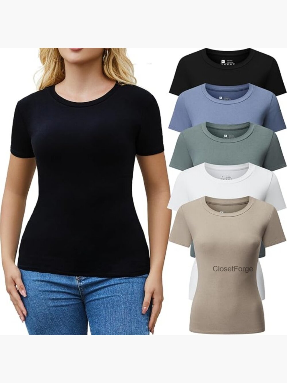 5 Pack Crew Neck T Shirts for Women Fitted Basic Tops Stretchy Tees